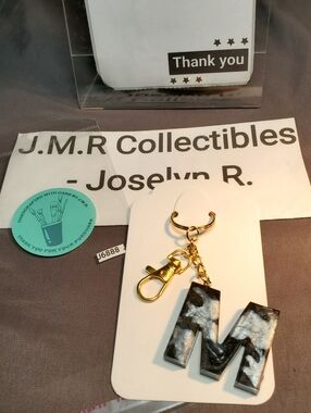 "M" Elegant Black & Silver Marble  Handmade Resin Keyring